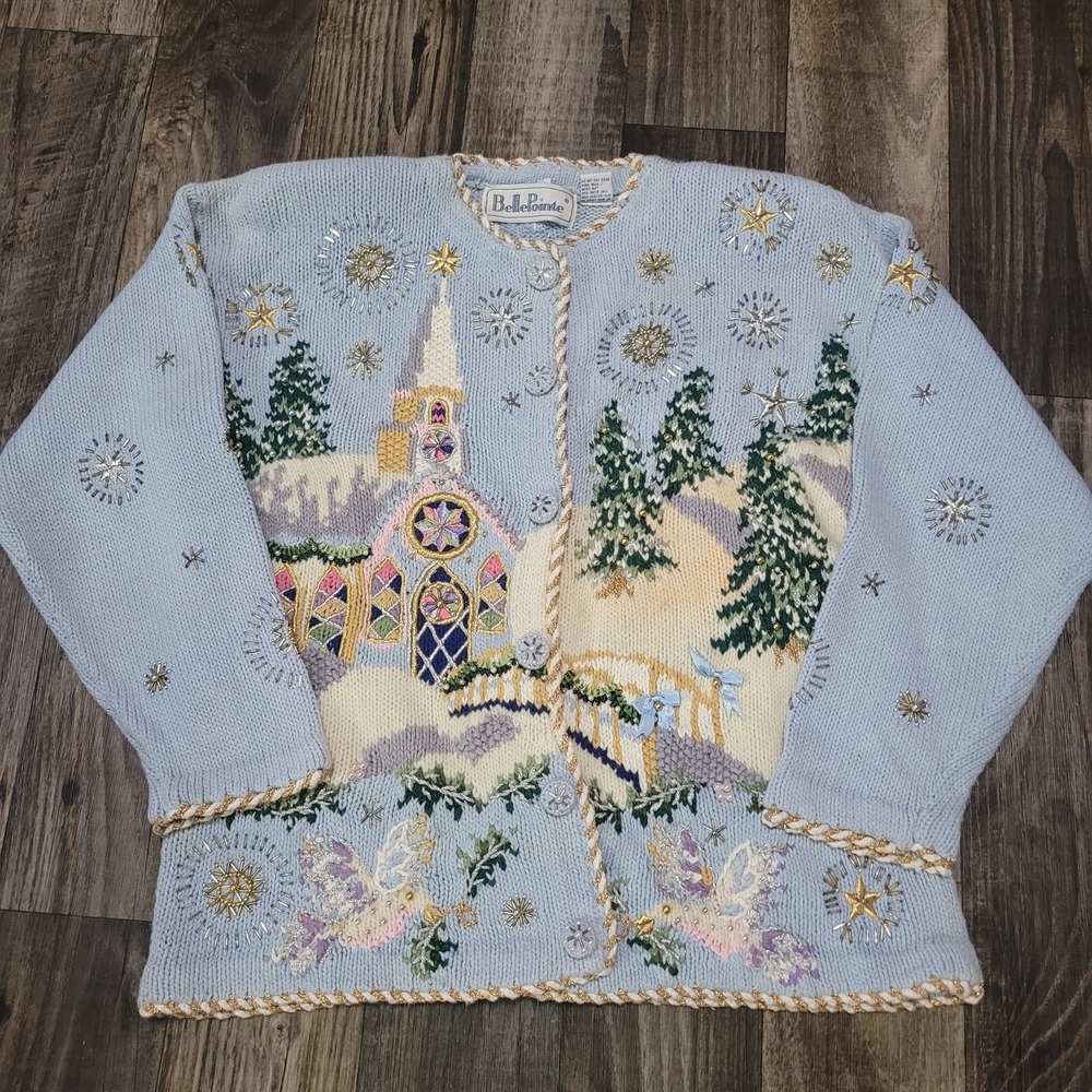 Vintage Belle Pointe Snowy Church Winter Scape Christmas Cardigan Size Large